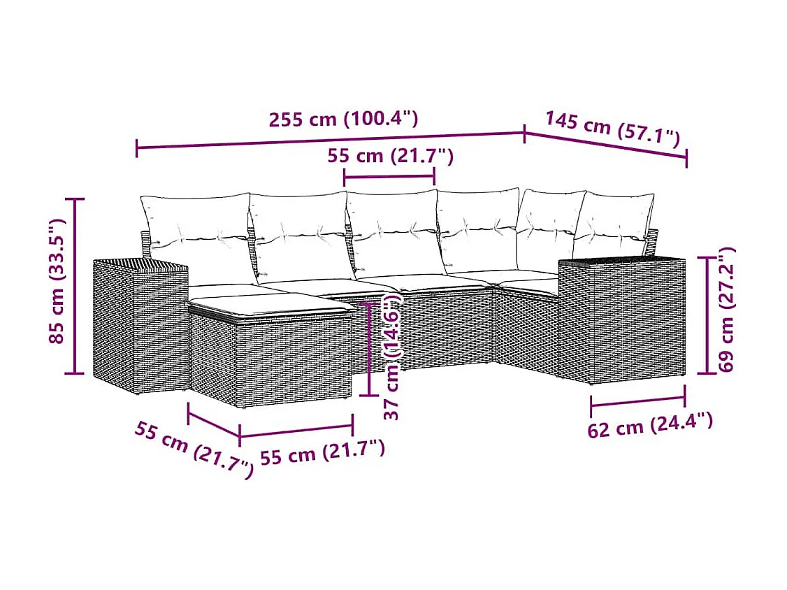 Salon de jardin 6 pièces avec coussins gris clair résine tressée
