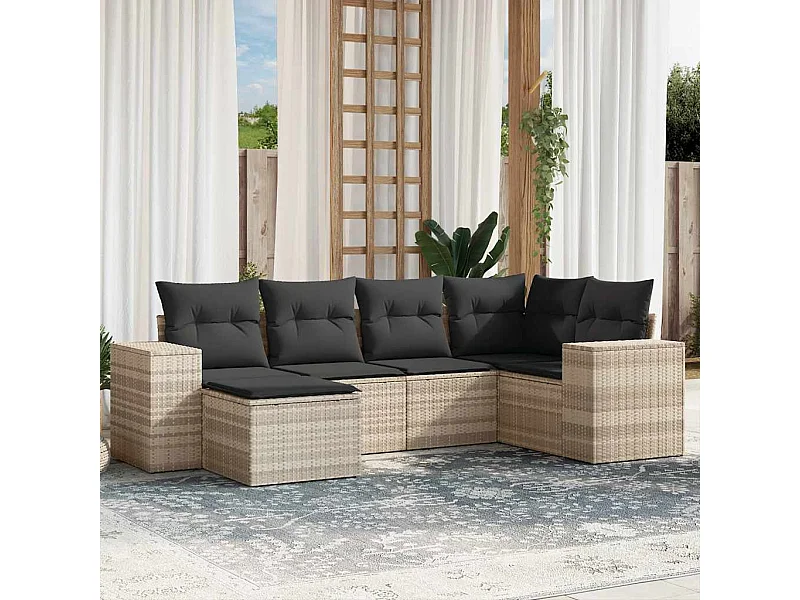 Salon de jardin 6 pièces avec coussins gris clair résine tressée