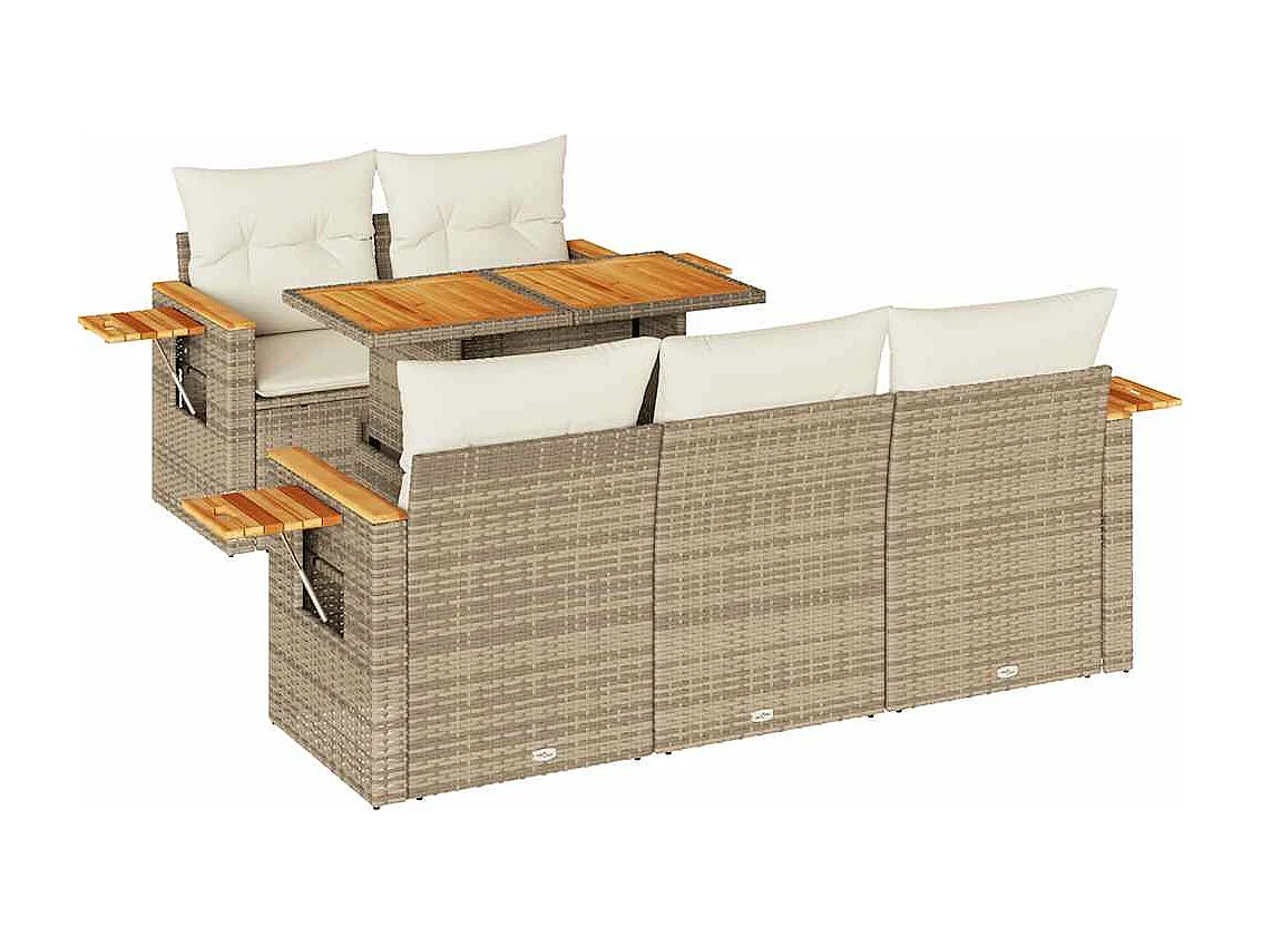 Salon de jardin 6 pièces avec coussins beige résine tressée acacia