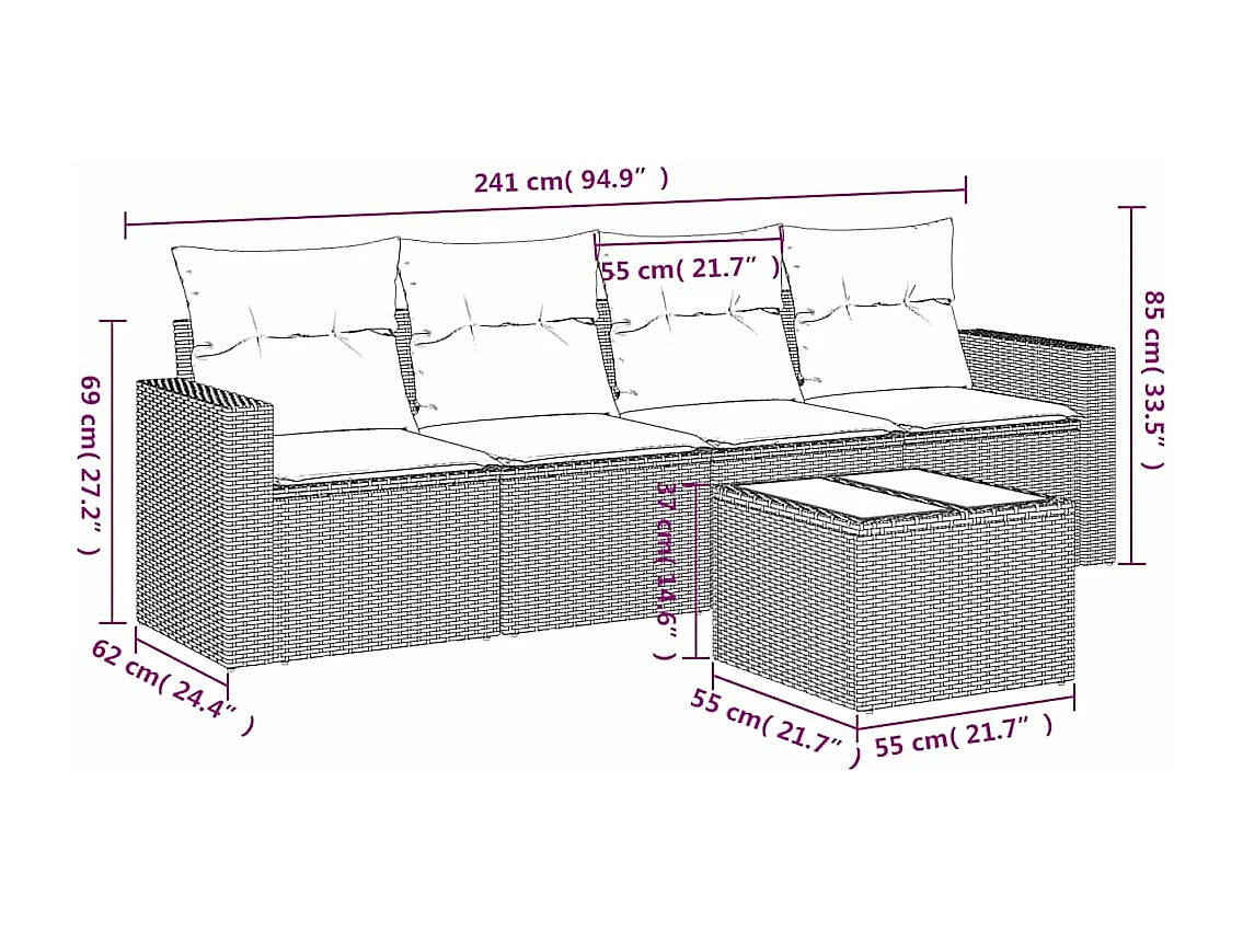 Salon de jardin 5 pièces avec coussins gris clair résine tressée