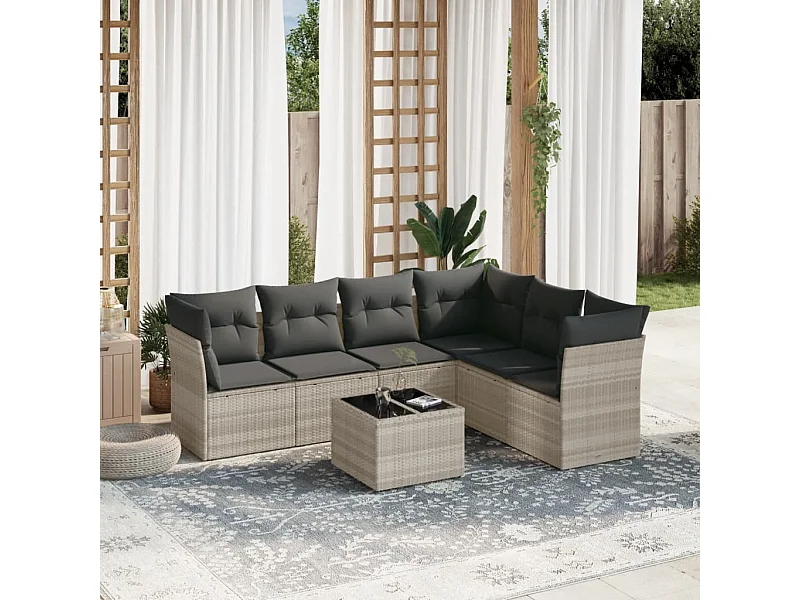 7-delige Loungeset met kussens poly rattan lichtgrijs