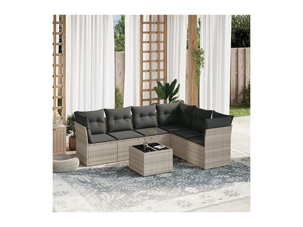 Salon de jardin avec coussins 7 pièces gris clair résine tressée