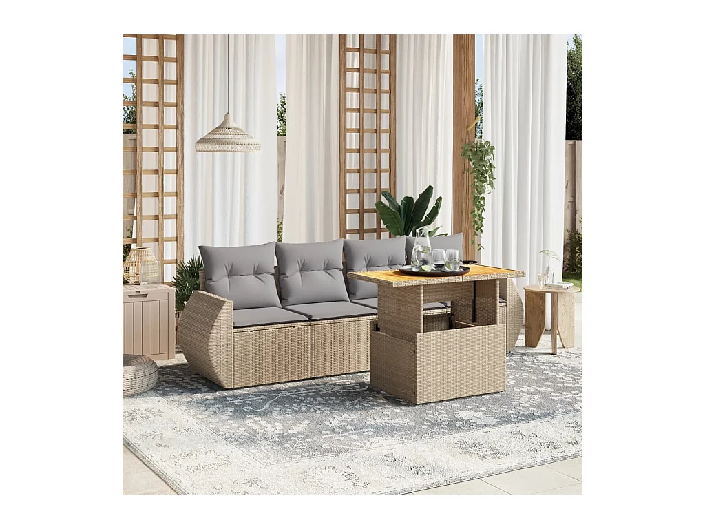 5-delige Loungeset met kussens poly rattan beige
