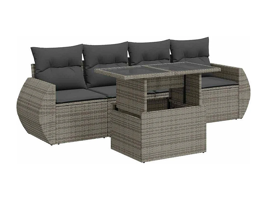 5 peças conjunto sofás de jardim com almofadões vime PE cinzento