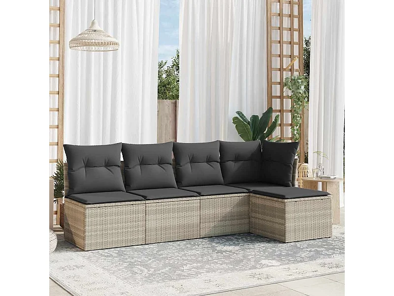 Salon de jardin 5 pièces avec coussins gris clair résine tressée