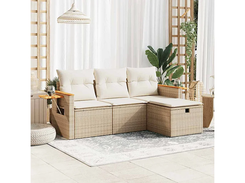 4-delige Loungeset met kussens poly rattan beige
