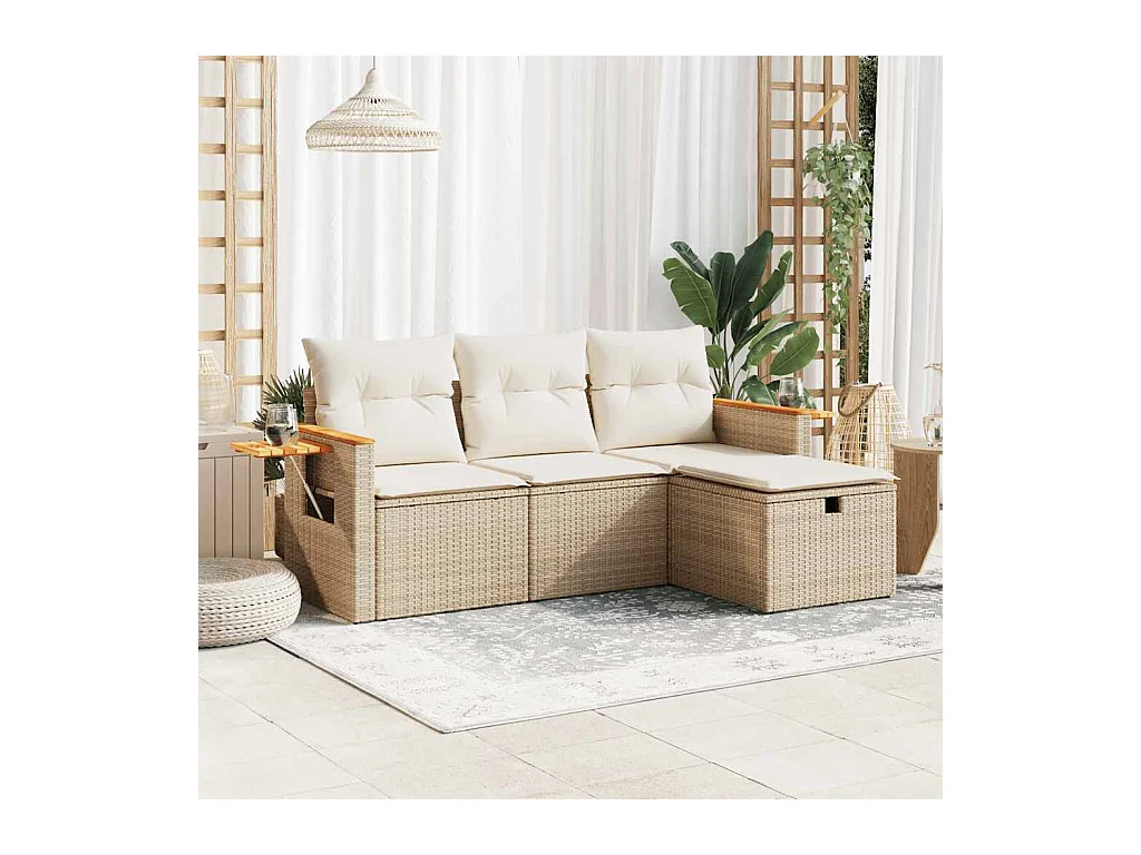 Salon de jardin avec coussins 4 pièces beige résine tressée