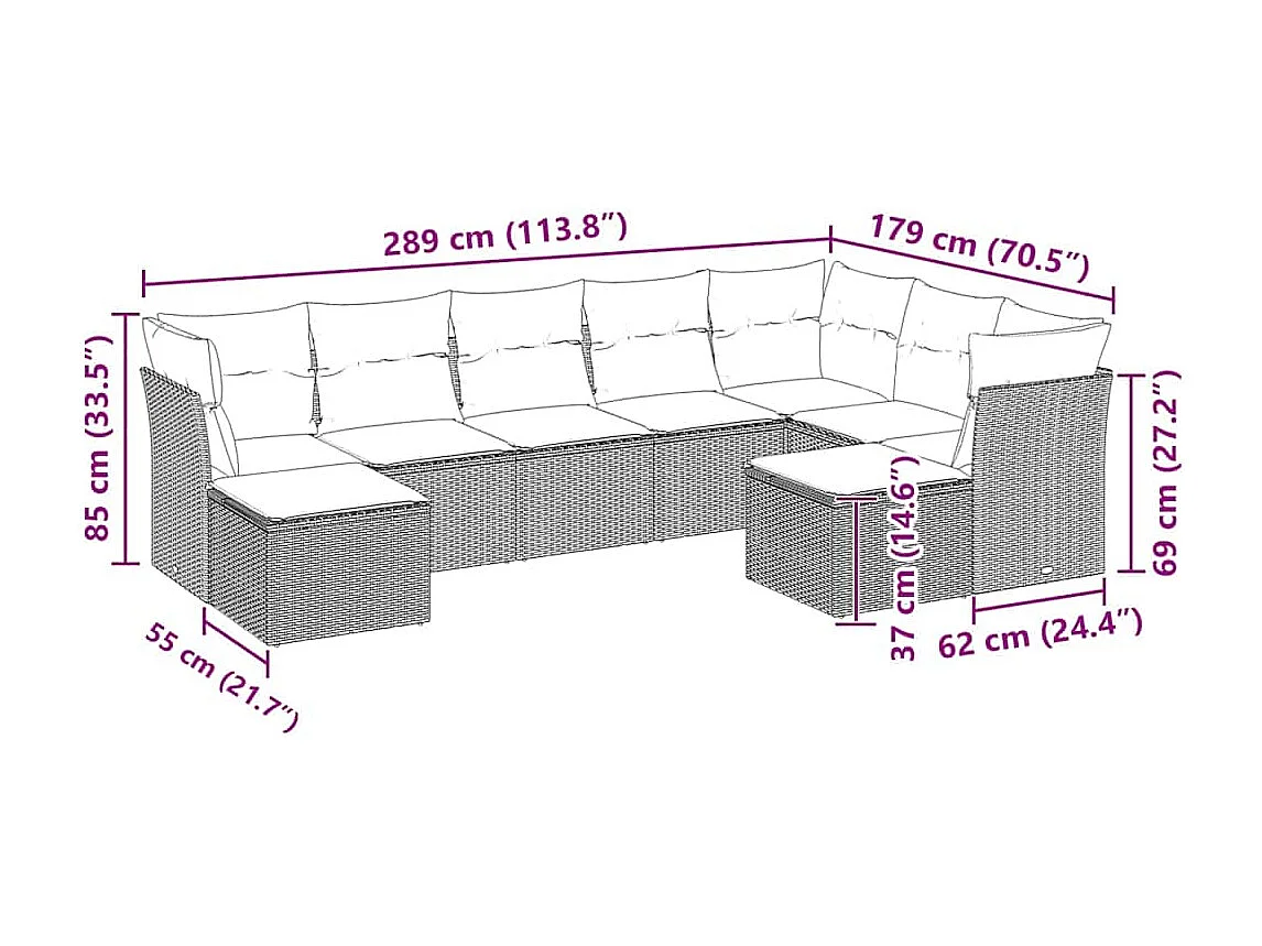 9 peças conj. sofás jardim com almofadões vime PE cinzento-claro