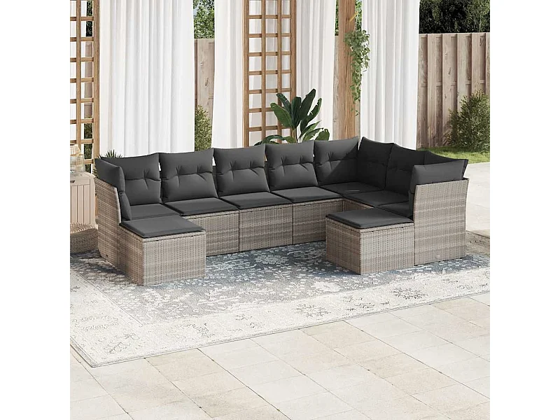 Salon de jardin 9 pièces avec coussins gris clair résine tressée