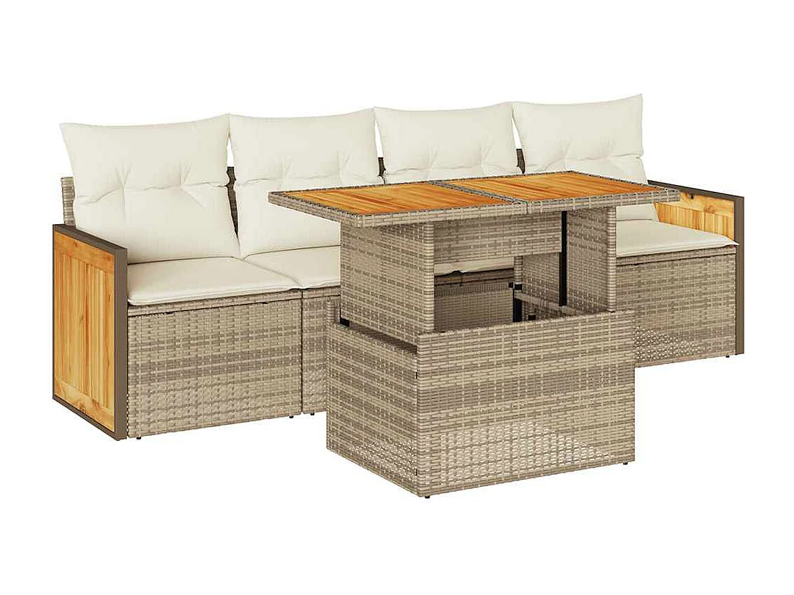 5-delige Loungeset met kussens poly rattan en acaciahout beige