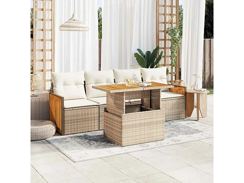 5-delige Loungeset met kussens poly rattan en acaciahout beige