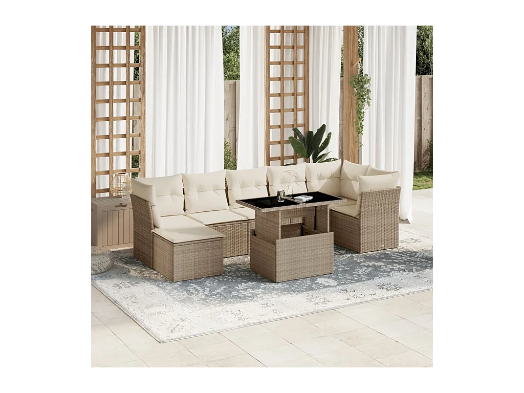 8 peças conjunto de sofás para jardim com almofadões vime PE bege