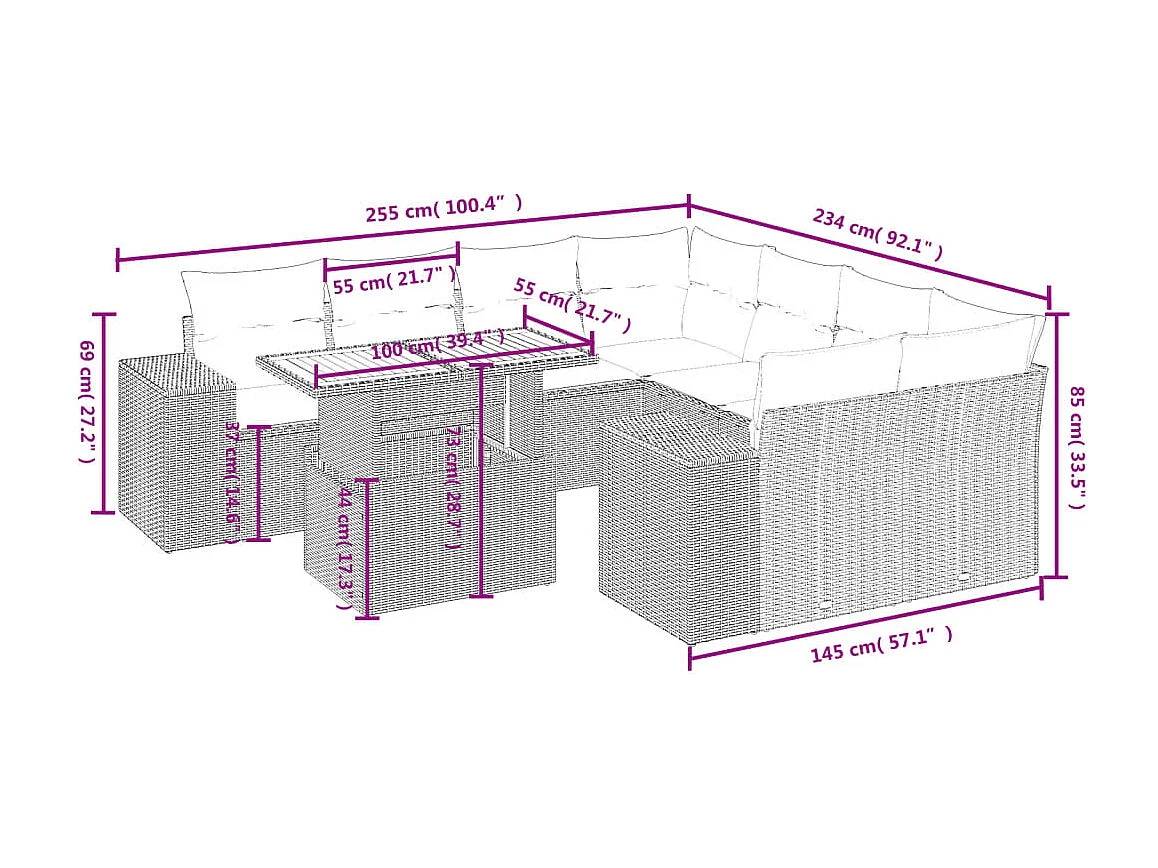 Salon de jardin avec coussins 9 pièces beige résine tressée