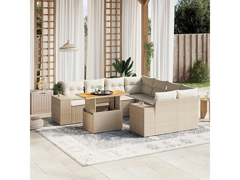 Salon de jardin avec coussins 9 pièces beige résine tressée