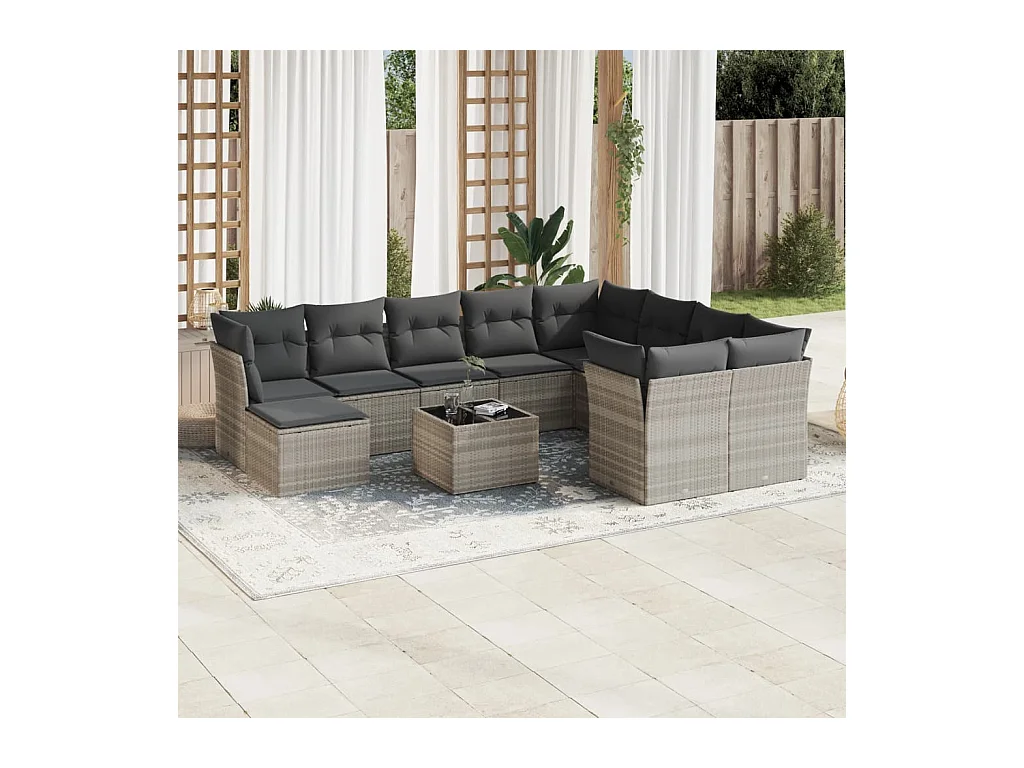 Set de sofás de jardín 11 piezas y cojines ratán sintético gris