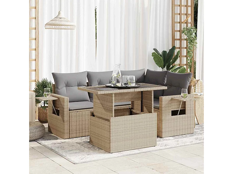 Juego de sofás jardín con cojines 5 piezas ratán sintético beige