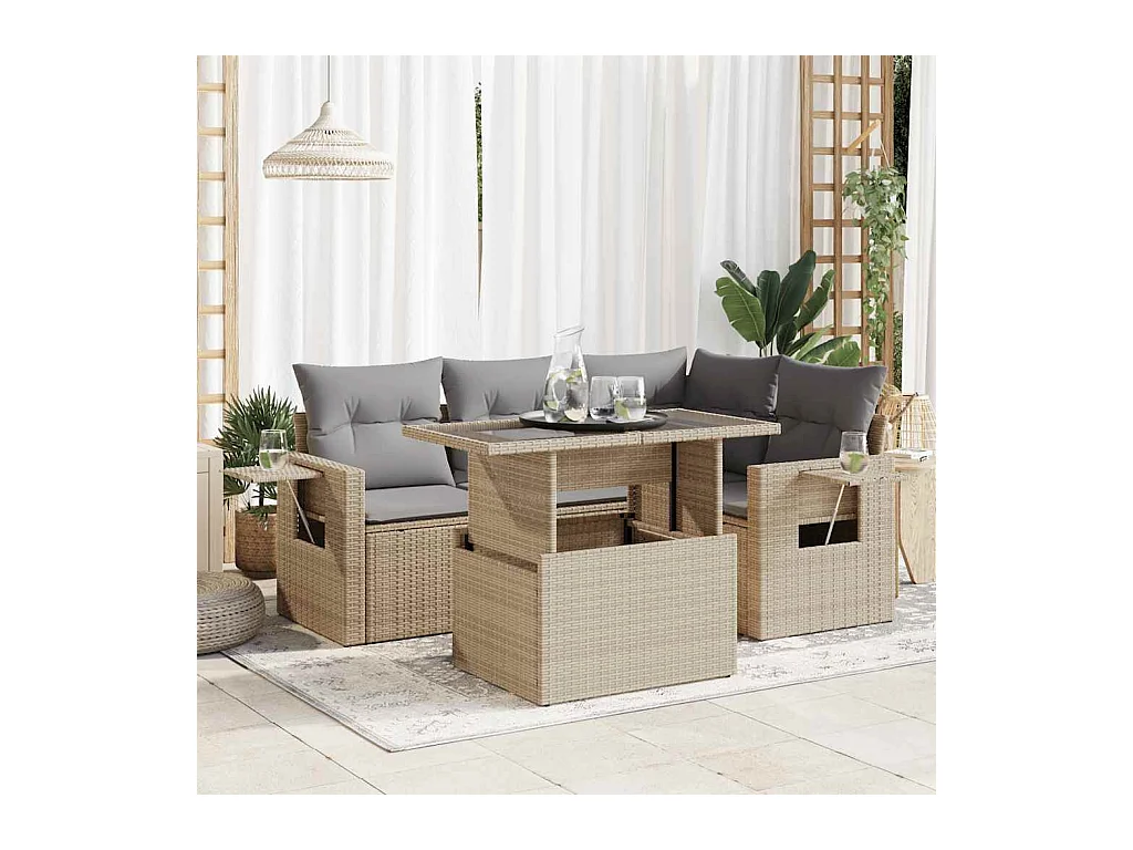 Salon de jardin avec coussins 5 pièces beige résine tressée