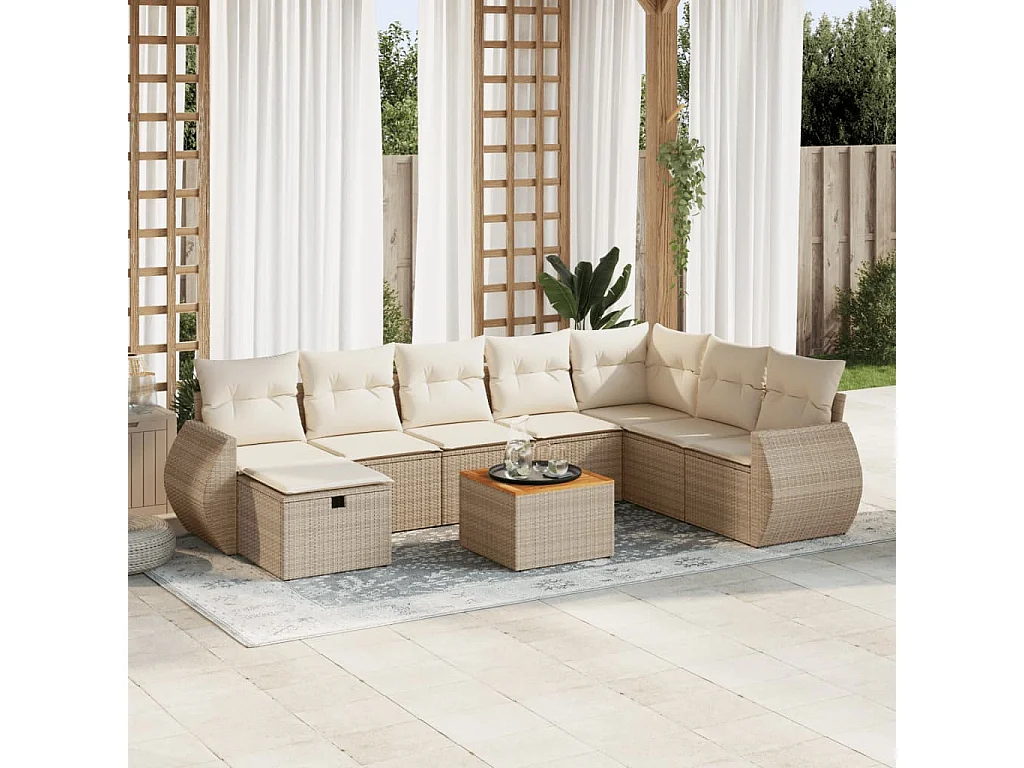 Set de sofás de jardín con cojines 9 piezas ratán sintético beige