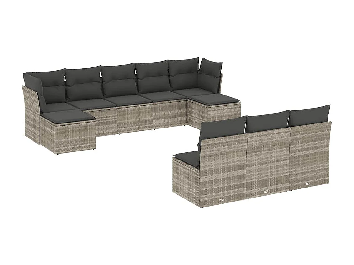 10 peças conj. sofás jardim com almofadões vime PE cinzento-claro