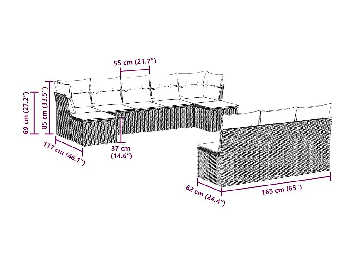 10 peças conj. sofás jardim com almofadões vime PE cinzento-claro
