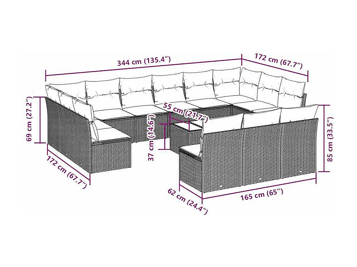 Set sofás jardín 14 piezas con cojines ratán sintético gris claro
