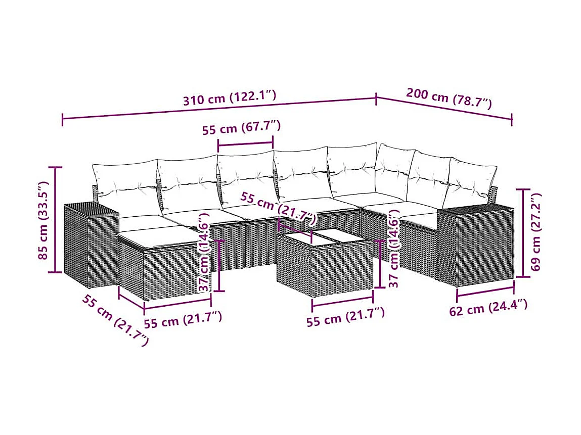 Salon de jardin 9 pièces avec coussins gris clair résine tressée