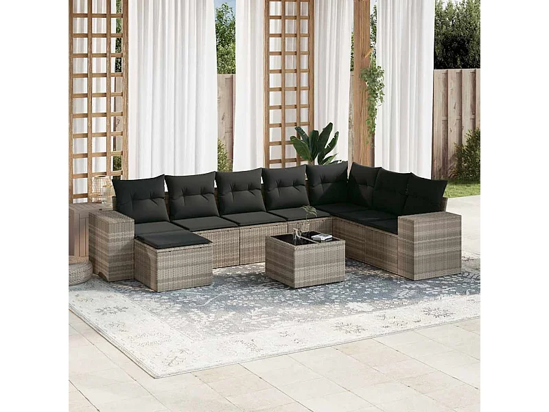Salon de jardin 9 pièces avec coussins gris clair résine tressée