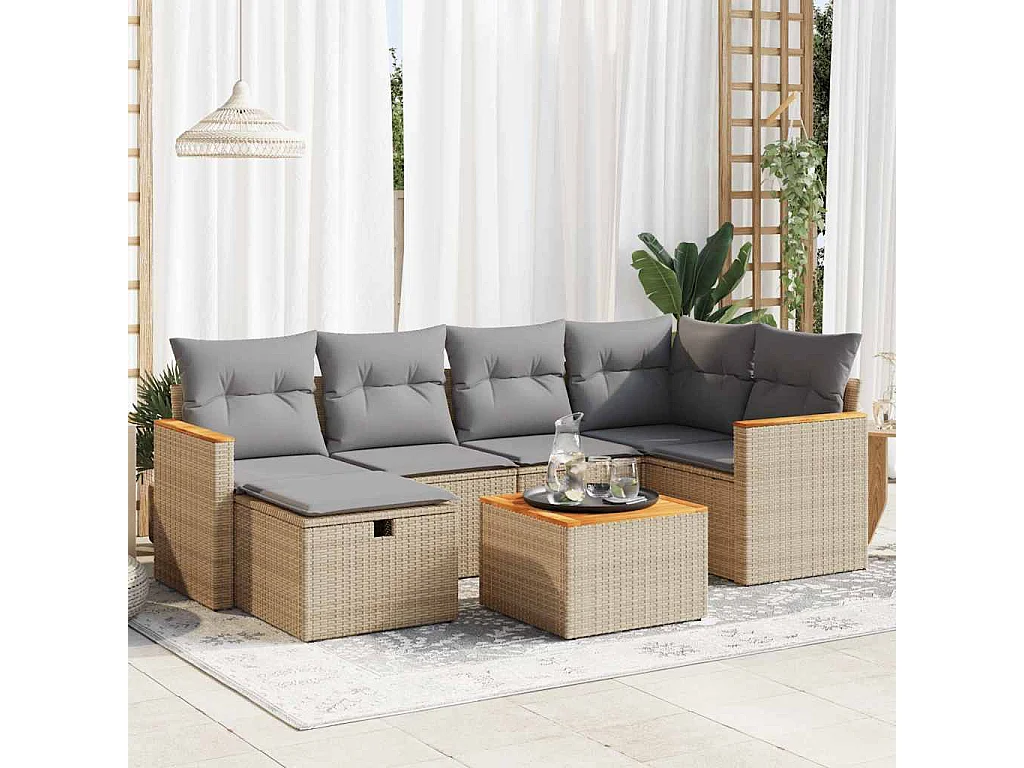 Salon de jardin avec coussins 7 pièces beige résine tressée