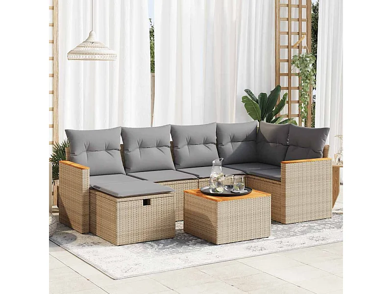 Salon de jardin avec coussins 7 pièces beige résine tressée