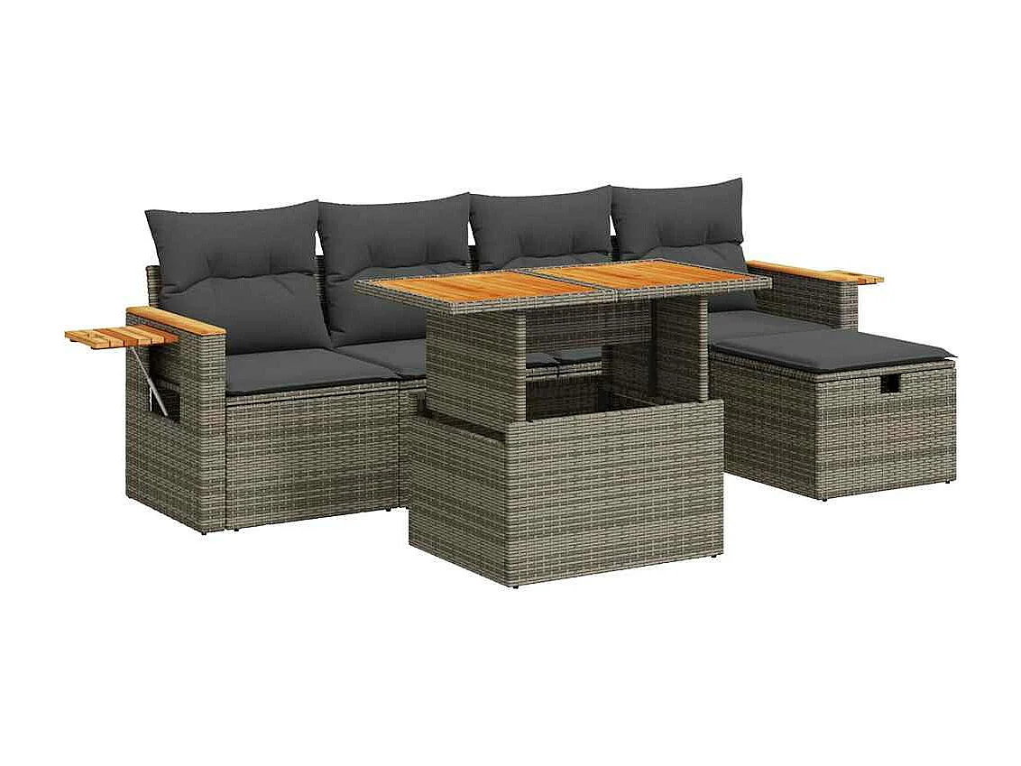 6-delige Loungeset met kussens poly rattan grijs