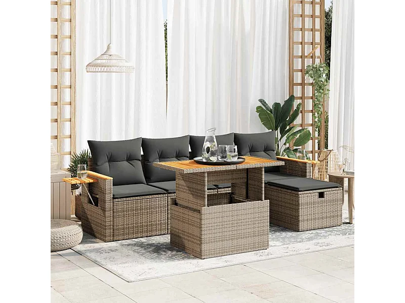 6-delige Loungeset met kussens poly rattan grijs