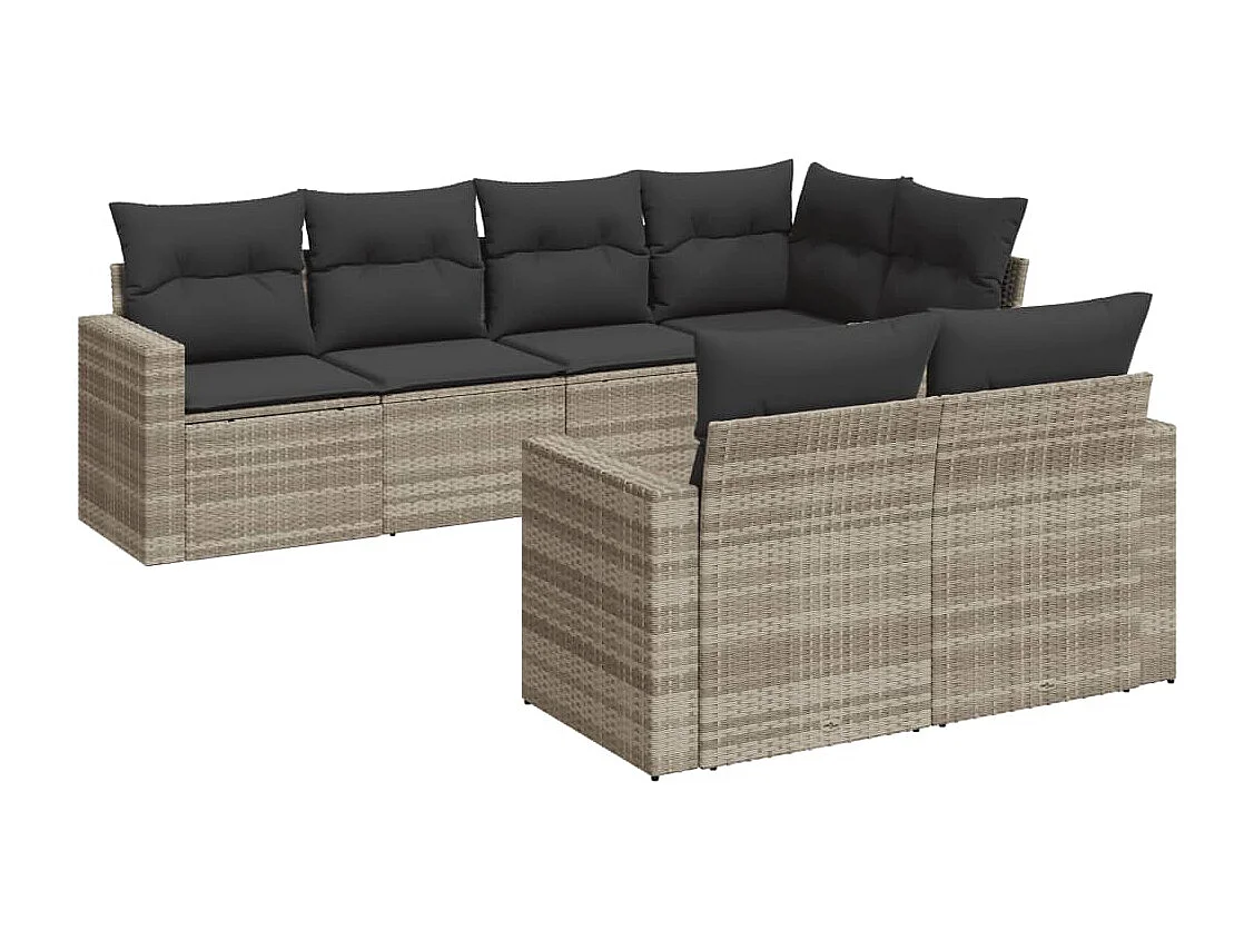 Set de sofás de jardín 7 piezas con cojines ratán PE gris claro