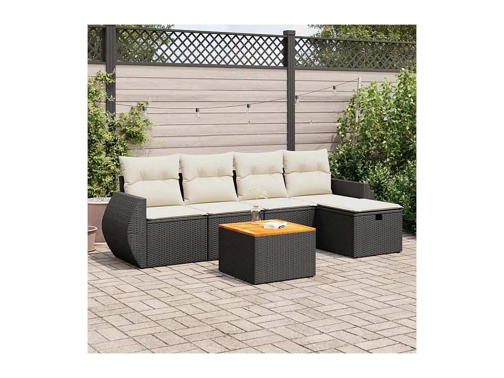 6-delige Loungeset met kussens poly rattan zwart