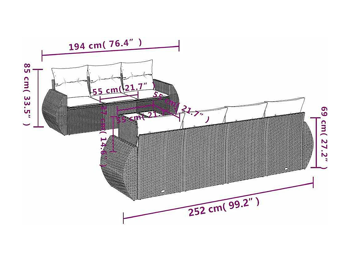 8 peças conj. sofás jardim com almofadões vime PE cinzento-claro