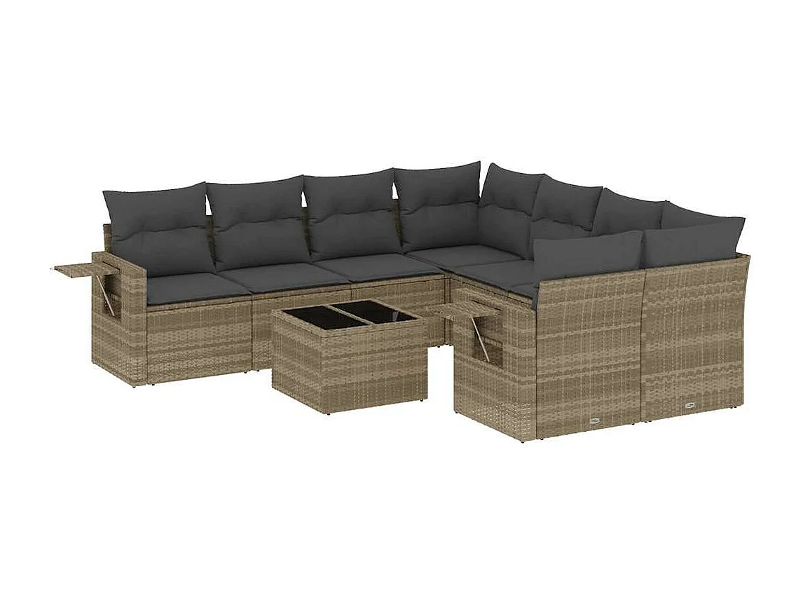 Salon de jardin 9 pièces avec coussins gris clair résine tressée