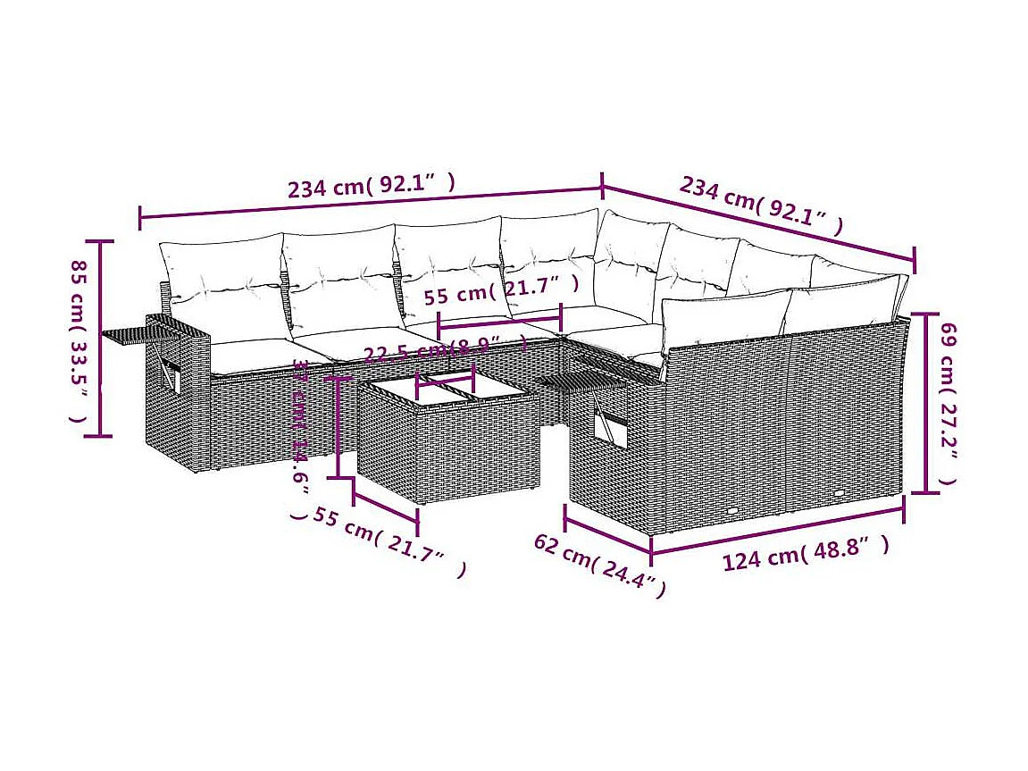 Salon de jardin 9 pièces avec coussins gris clair résine tressée