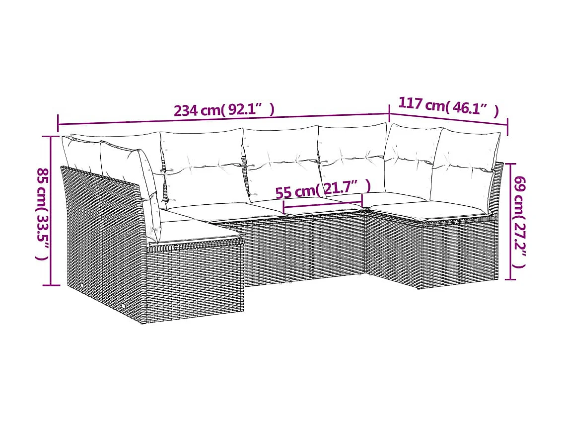 Set de sofás de jardín 6 piezas y cojines ratán sintético gris