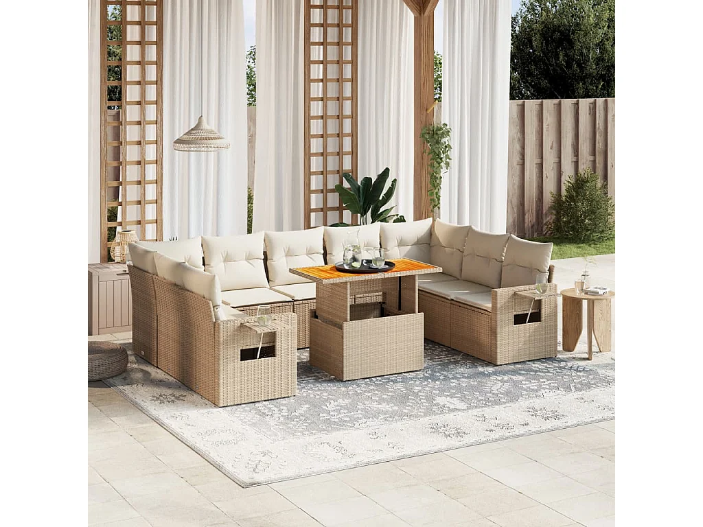 Salon de jardin avec coussins 10 pièces beige résine tressée