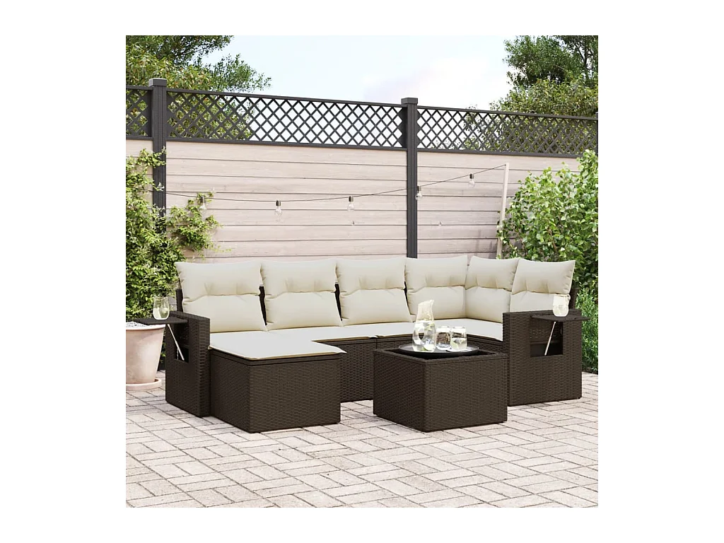 Salon de jardin avec coussins 7 pièces marron résine tressée