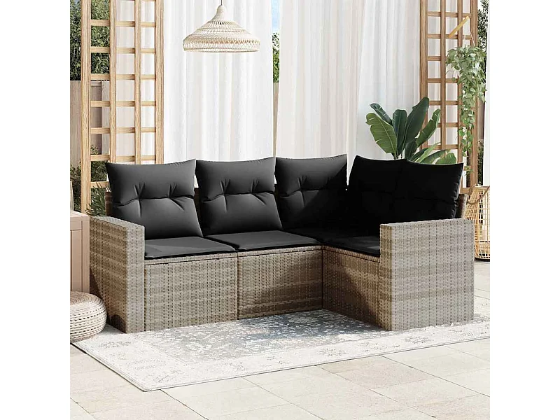 Set de sofás de jardín 4 piezas y cojines ratán sintético gris