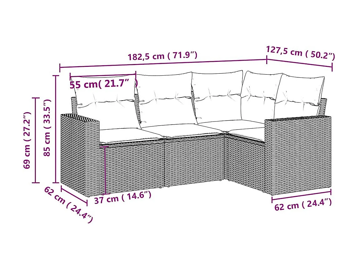 4-delige Loungeset met kussens poly rattan lichtgrijs