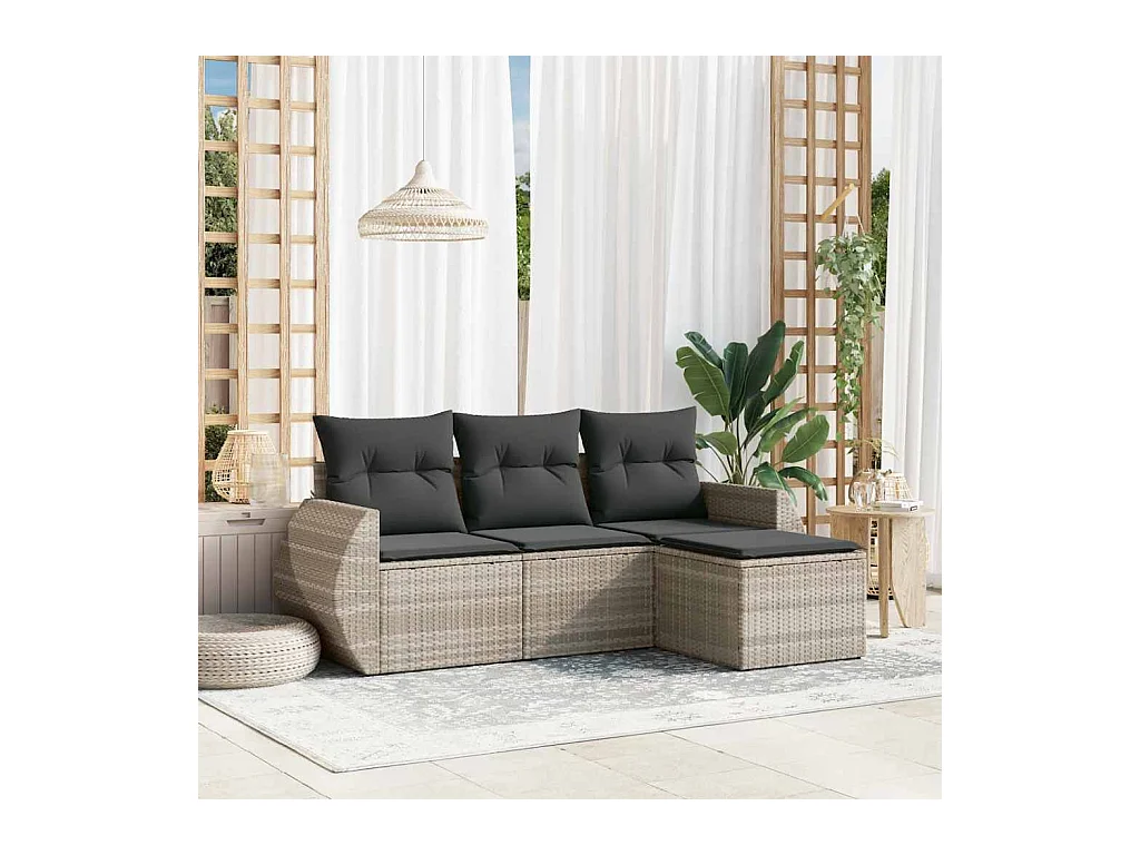 Salon de jardin 4 pièces avec coussins gris clair résine tressée