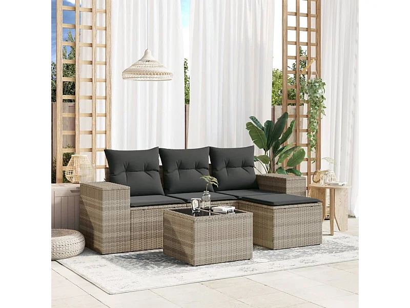 Salon de jardin 5 pièces avec coussins gris clair résine tressée