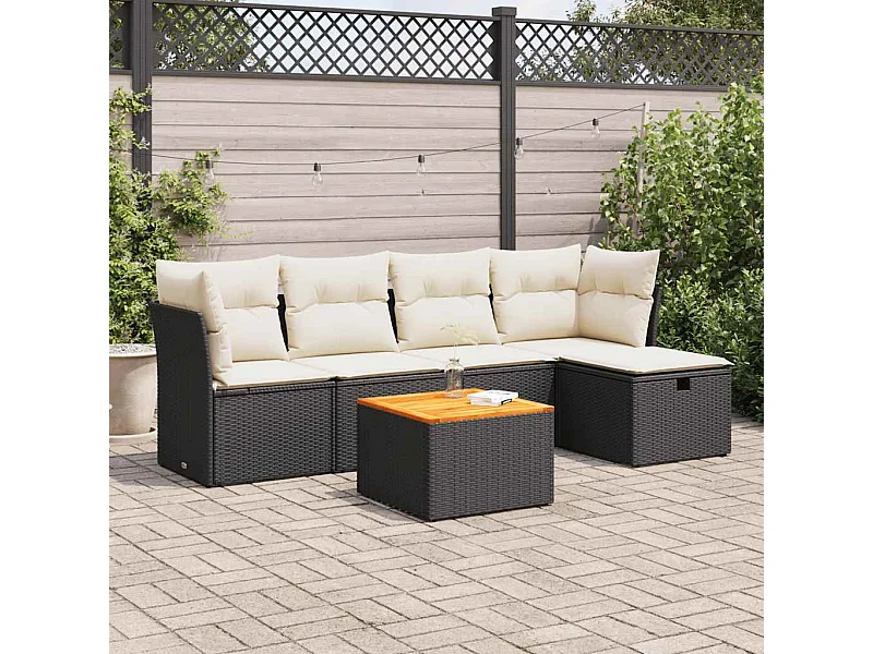 6-delige Loungeset met kussens poly rattan zwart