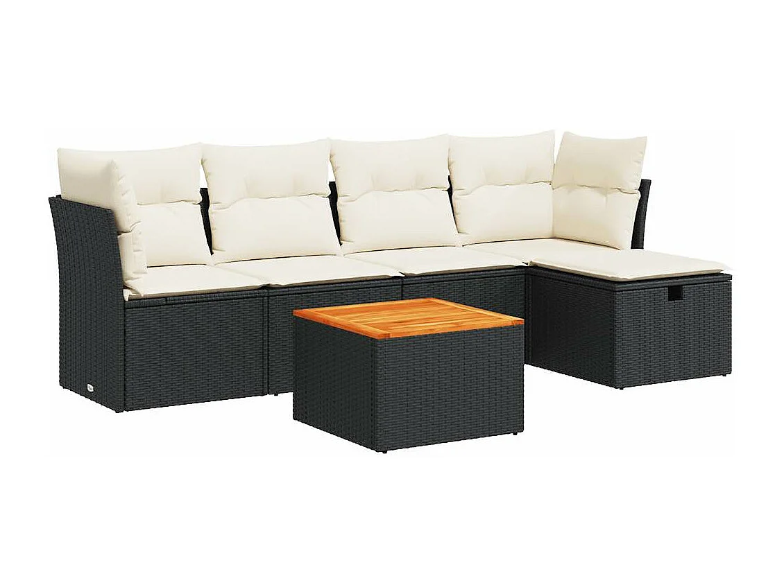 6-delige Loungeset met kussens poly rattan zwart