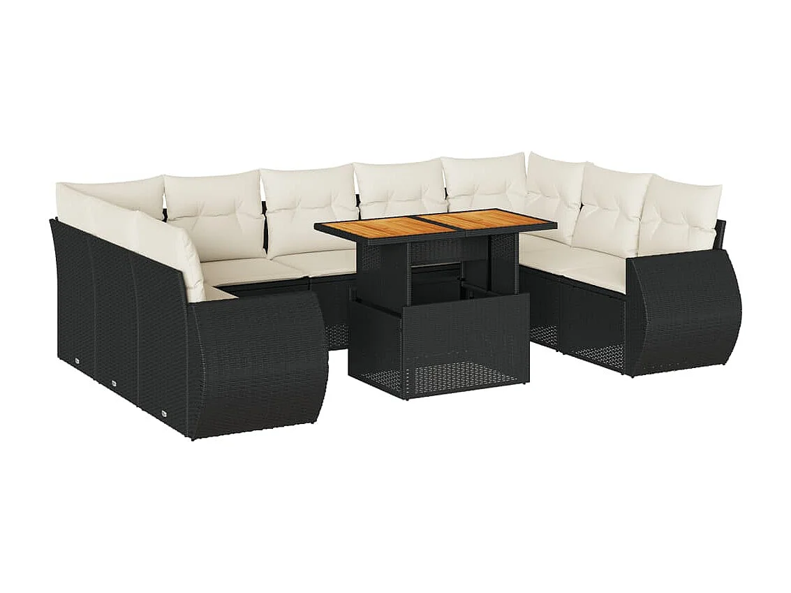 Salon de jardin 10 pièces avec coussins noir résine tressée