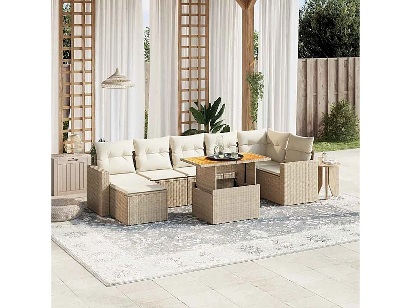 Salon de jardin avec coussins 8 pièces beige résine tressée