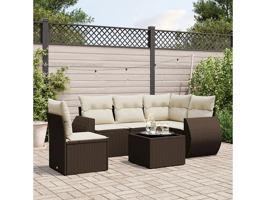 6-delige Loungeset met kussens poly rattan bruin