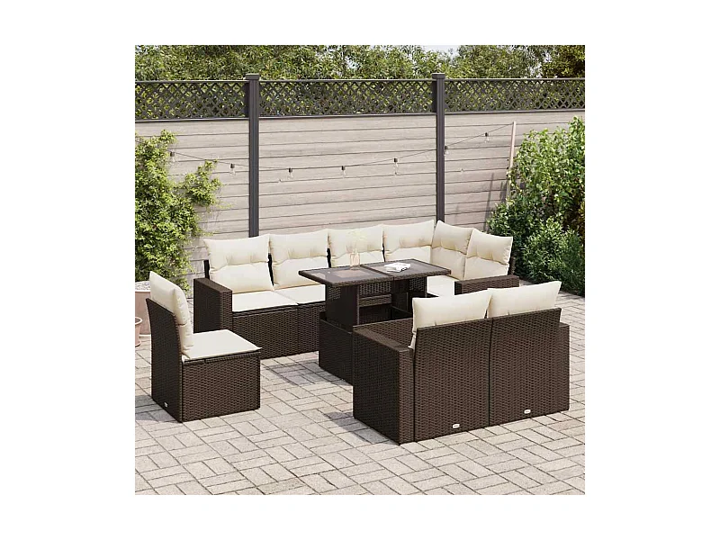 Salon de jardin avec coussins 9 pièces marron résine tressée