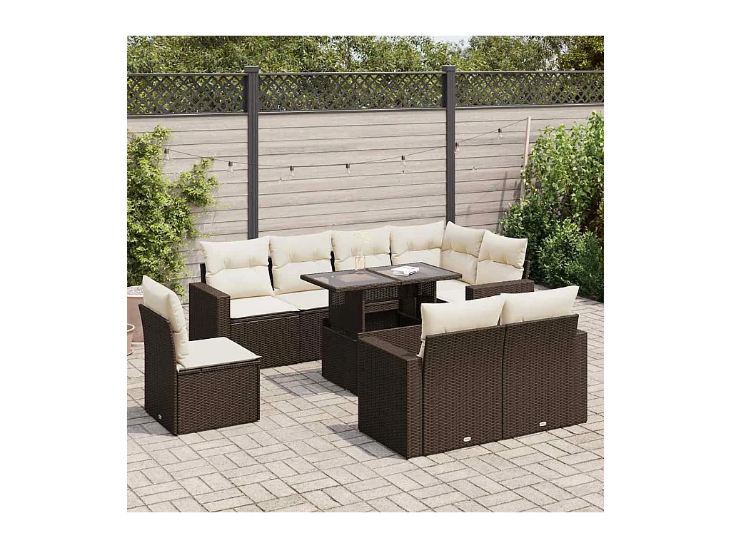 9 peças conjunto sofás para jardim com almofadões vime PE castanho